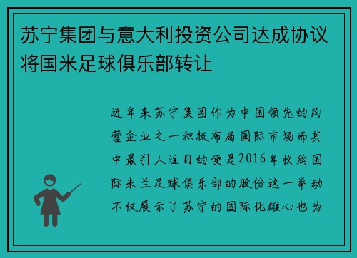 苏宁集团与意大利投资公司达成协议将国米足球俱乐部转让