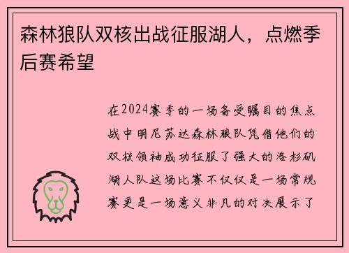 森林狼队双核出战征服湖人，点燃季后赛希望
