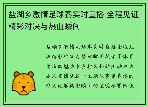 盐湖乡激情足球赛实时直播 全程见证精彩对决与热血瞬间